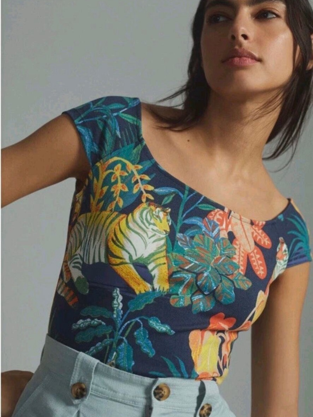 Anthropologie Maeve Navy Tropical Tiger Print Off The Shoulder Top Small